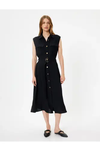 Kolsuz Midi Boy Gömlek Viskon Elbise Kemerli Cep Detaylı-Siyah - 3