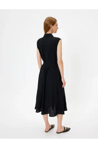 Kolsuz Midi Boy Gömlek Viskon Elbise Kemerli Cep Detaylı-Siyah - 4