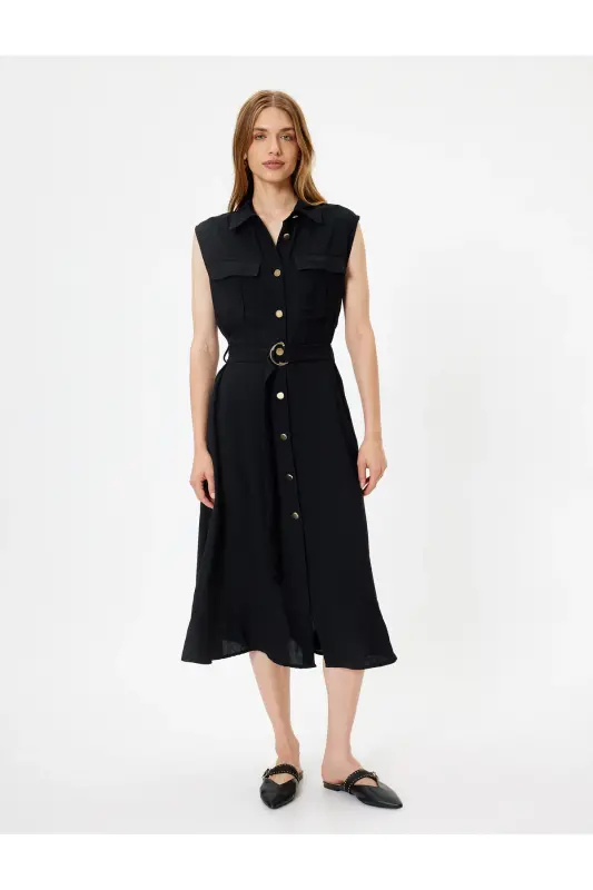 Kolsuz Midi Boy Gömlek Viskon Elbise Kemerli Cep Detaylı-Siyah - 3