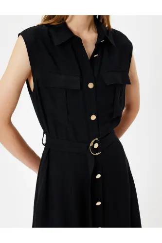 Kolsuz Midi Boy Gömlek Viskon Elbise Kemerli Cep Detaylı-Siyah - 5