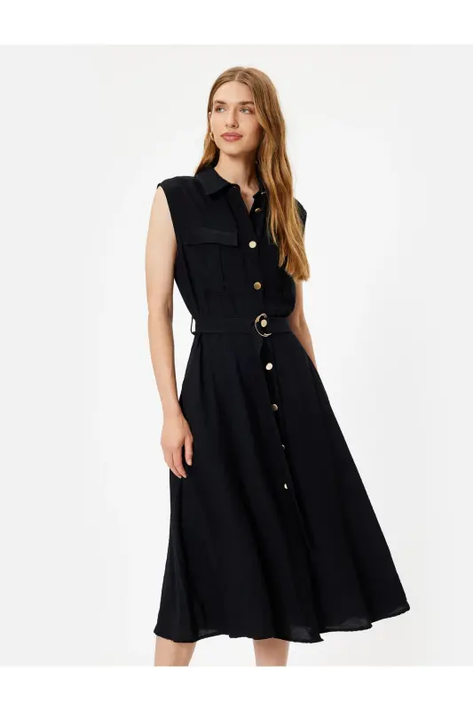 Kolsuz Midi Boy Gömlek Viskon Elbise Kemerli Cep Detaylı-Siyah - KOTON