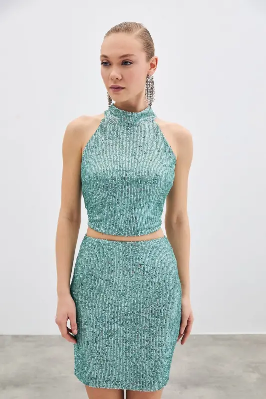 Kolsuz Payetli Bluz - Mint - MİNT - 1