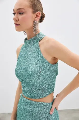 Kolsuz Payetli Bluz - Mint - MİNT - SATEEN (1)
