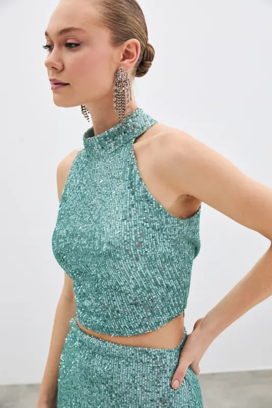 Kolsuz Payetli Bluz - Mint - MİNT - 2