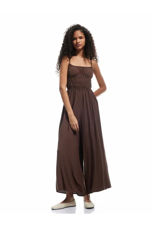 Kolsuz U Yaka Askılı Viskon Sırt Detaylı Salopet Tulum - 1