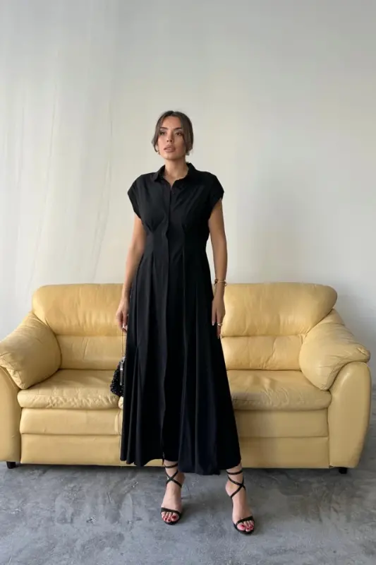 KOLSUZ VATKALI ÖNDEN DÜĞMELİ BEL PENS DETAYLI POPLİN ELBİSE - Siyah - 4