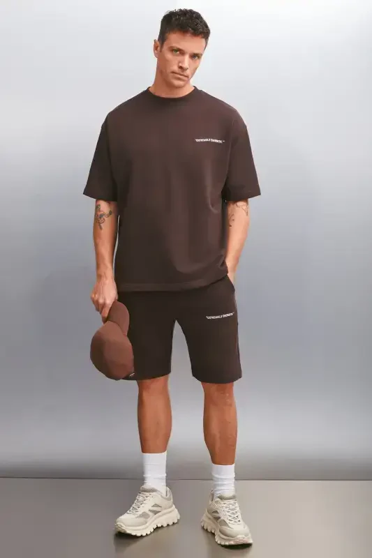 Kolumbiya Erkaklar 2'li To'plam Comfort Fit Qulay Qolip Yozuv Nakshli Shardonsiz Jigarrang Sport Kostyumi-Jigarrang - 3