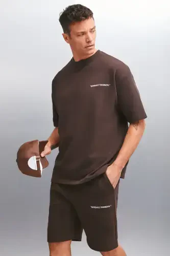 Kolumbiya Erkaklar 2'li To'plam Comfort Fit Qulay Qolip Yozuv Nakshli Shardonsiz Jigarrang Sport Kostyumi-Jigarrang - 5