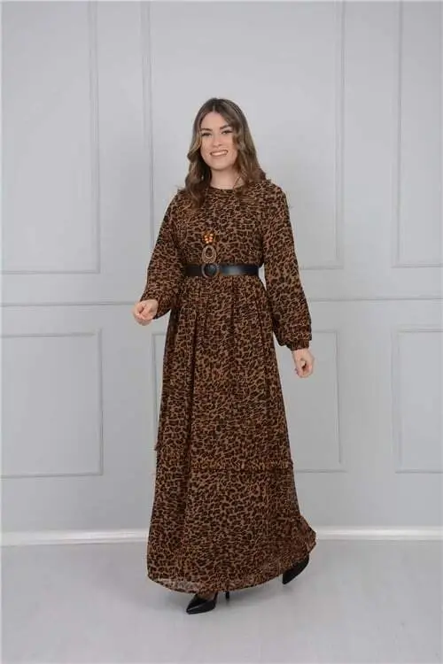 Kolye Detay Leopar Ko'ylak - Jigarrang - 1