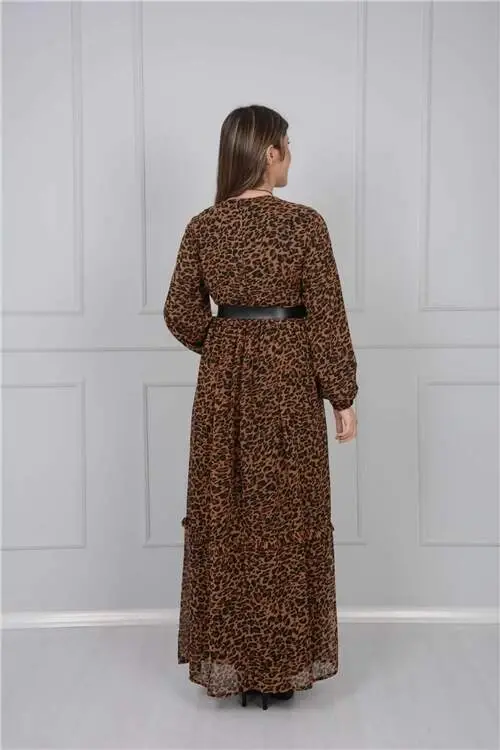 Kolye Detay Leopar Ko'ylak - Jigarrang - 3