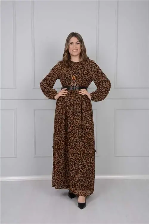 Kolye Detay Leopar Ko'ylak - Jigarrang - 4