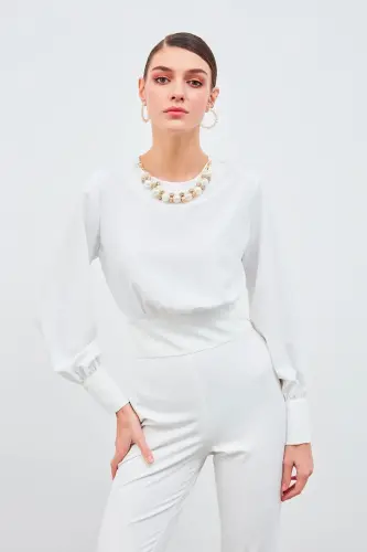 Kolye Detaylı Crop Bluz - Ekru-EKRU 