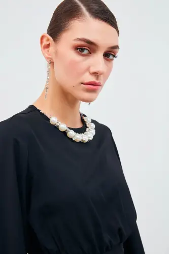 Kolye Detaylı Crop Bluz - Siyah-SİYAH - 3