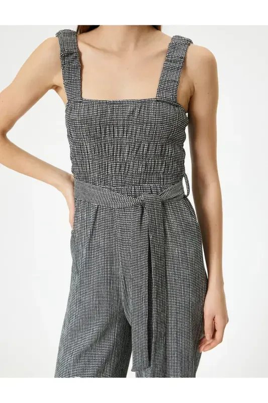 Комбинезон Плотные Бретели Пояс Деталь Короткие Прямые Широкие Штанины Свободный Крой Гипюровый Жатый - 5