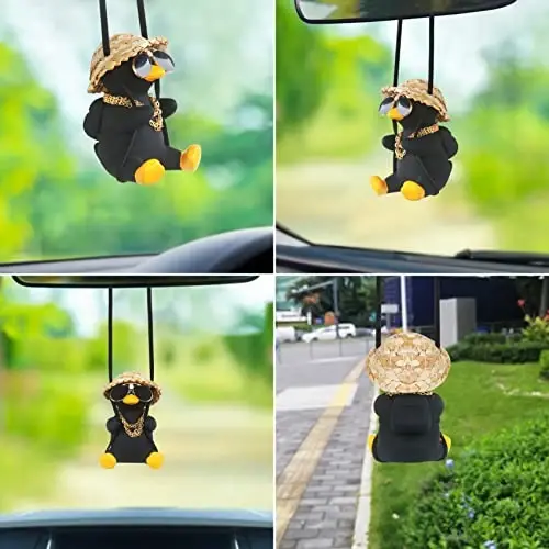 Cool Car Accessories for Men Funny Truck Rear View Mirrors Charms Stuff Automotive Mirror Hanging Things Black Swinging Duck Ornaments for Boys Cute Dashboard Decorations Gifts Hippie Auto Must Haves - 2