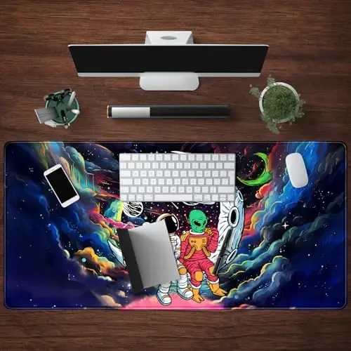Funny Space Mouse Pad Desk Mat Astronaut Alien Large Gaming Mouse Pads Anime Desk Pad Mousepad XXL Cool Trippy Universe Extended Keyboard Mat with Stitched Edges Anti-Slip, 31.5 X 15.8 in - 11