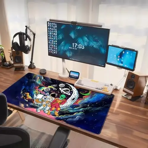 Funny Space Mouse Pad Desk Mat Astronaut Alien Large Gaming Mouse Pads Anime Desk Pad Mousepad XXL Cool Trippy Universe Extended Keyboard Mat with Stitched Edges Anti-Slip, 31.5 X 15.8 in - 14