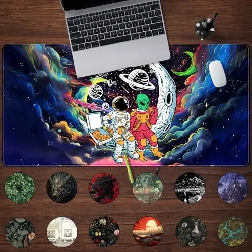 Funny Space Mouse Pad Desk Mat Astronaut Alien Large Gaming Mouse Pads Anime Desk Pad Mousepad XXL Cool Trippy Universe Extended Keyboard Mat with Stitched Edges Anti-Slip, 31.5 X 15.8 in - 2