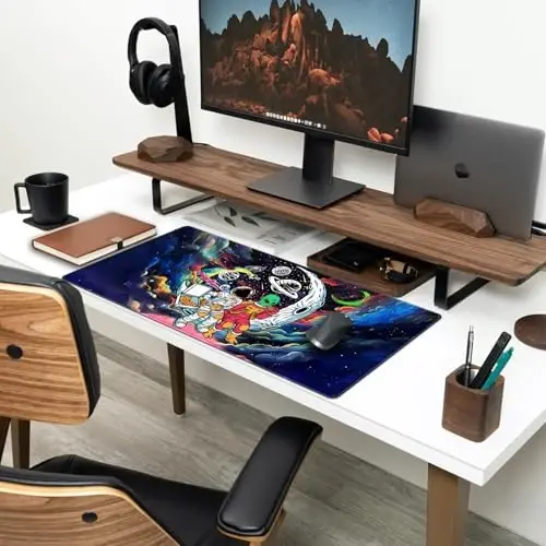 Funny Space Mouse Pad Desk Mat Astronaut Alien Large Gaming Mouse Pads Anime Desk Pad Mousepad XXL Cool Trippy Universe Extended Keyboard Mat with Stitched Edges Anti-Slip, 31.5 X 15.8 in - 3