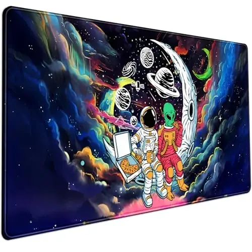Funny Space Mouse Pad Desk Mat Astronaut Alien Large Gaming Mouse Pads Anime Desk Pad Mousepad XXL Cool Trippy Universe Extended Keyboard Mat with Stitched Edges Anti-Slip, 31.5 X 15.8 in - 1