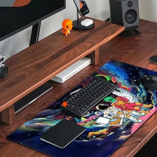 Funny Space Mouse Pad Desk Mat Astronaut Alien Large Gaming Mouse Pads Anime Desk Pad Mousepad XXL Cool Trippy Universe Extended Keyboard Mat with Stitched Edges Anti-Slip, 31.5 X 15.8 in - 5