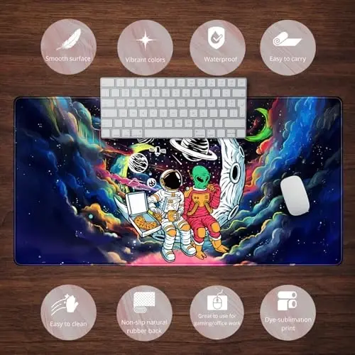 Funny Space Mouse Pad Desk Mat Astronaut Alien Large Gaming Mouse Pads Anime Desk Pad Mousepad XXL Cool Trippy Universe Extended Keyboard Mat with Stitched Edges Anti-Slip, 31.5 X 15.8 in - 6