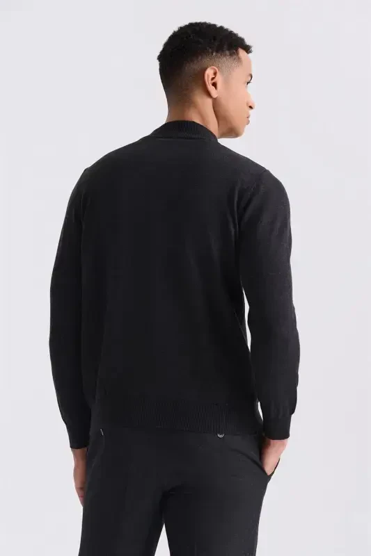 Ko'mir rang Slim Fit Yarim-Bo'yinbog'li Triko Jomper - 4