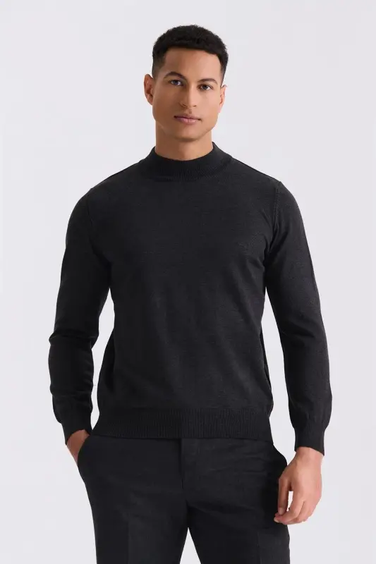 Ko'mir rang Slim Fit Yarim-Bo'yinbog'li Triko Jomper - 1