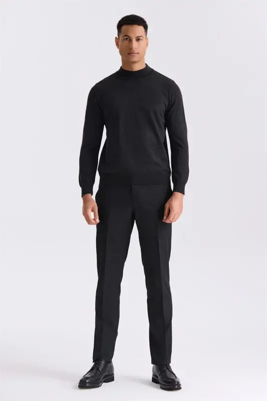 Ko'mir rang Slim Fit Yarim-Bo'yinbog'li Triko Jomper - 2