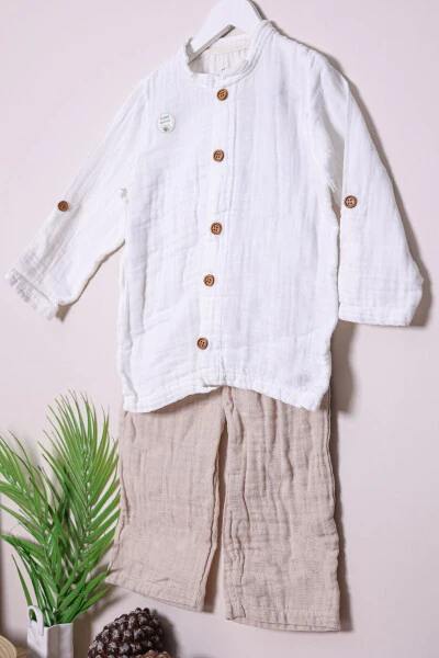 Kompak Penye Ipliklerden Üretilen Lastiksiz paça Organik Müslin Kumaş Çocuk Takım - 1