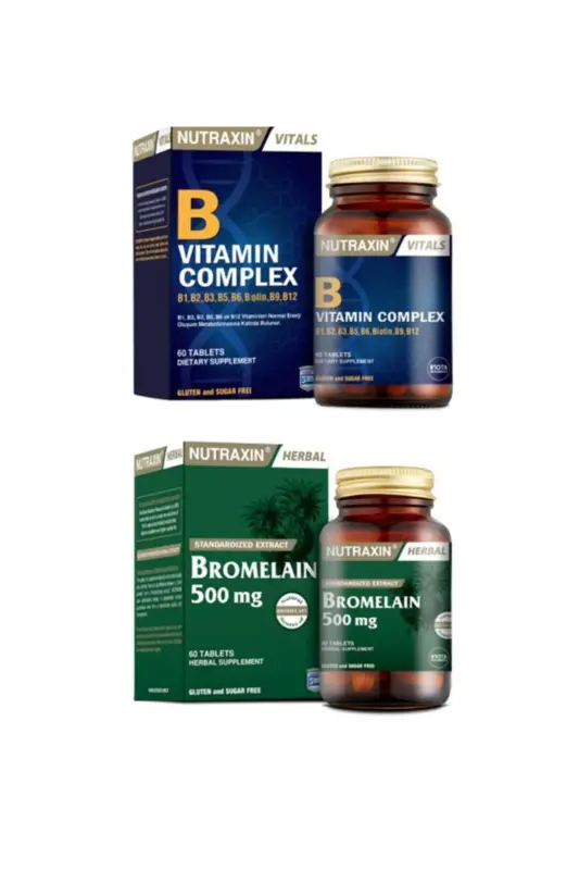 Комплекс витаминов группы B с B1, B2, B3, B5, B6, B12 60 таблеток + Бромелайн ананас 60 капсул - NUTRAXIN