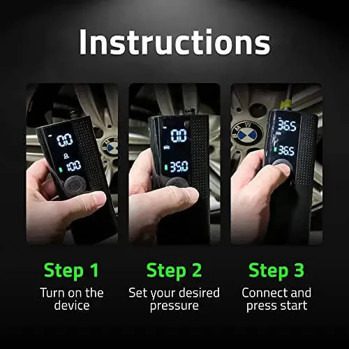 Комплект Airmoto и Power Kit — 1 комплект — портативный компрессор для подкачки шин с комплектом питания для зарядки дома и в дороге — беспроводной воздушный насос для автомобильных, мотоциклетных и велосипедных шин - 5