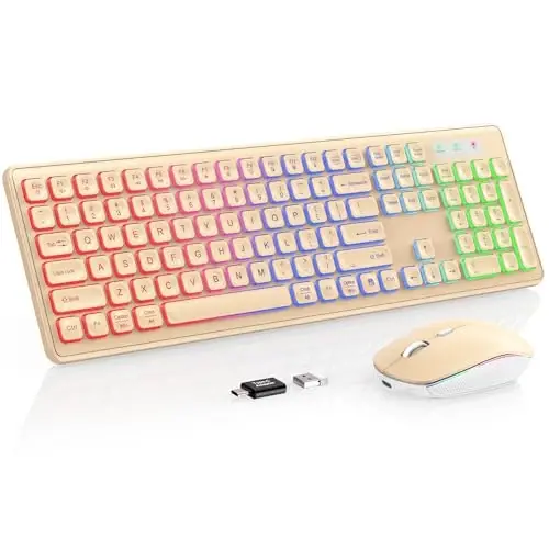 Комплект беспроводной клавиатуры и мыши, RGB-подсветка, Trueque KM42Pro | Радужная RGB-подсветка, перезаряжаемые, спящий режим, беспроводная связь 2.4 ГГц, тихий мягкий ввод, USB-C адаптер - TRUEQUE