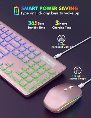 Комплект беспроводной клавиатуры и мыши, RGB-подсветка, Trueque KM42Pro | Радужная RGB-подсветка, перезаряжаемые, спящий режим, беспроводная связь 2.4 ГГц, тихий мягкий ход клавиш, USB-C адаптер - 3