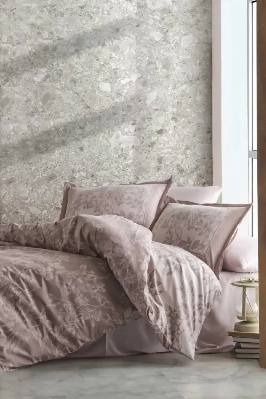 Комплект двуспального постельного белья Clasy Satin Harrisa V1 Beige - NEVRESIMDUNYASI