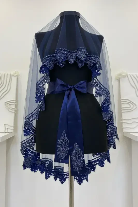 Комплект фаты для невесты цвета морской волны, комплект хны с принтом из стекляруса и блесток, 6 предметов - цвет морской волны - 4