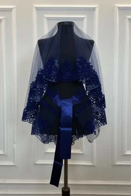 Комплект фаты невесты темно-синего цвета, классический узор, флоковая печать, блестящая фата для хны - темно-синий - 2