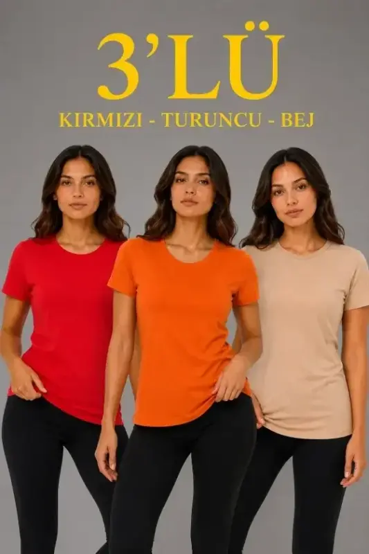 Комплект из 3 коротких футболок с круглым вырезом Basic Slim Fit — Красный — Оранжевый — Бежевый - BÜYÜKBEDENIZ