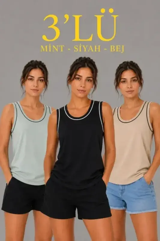 3’lü Kolsuz Sporcu Atlet Seti Yazlık Bisiklet Yakalı - Mint Yeşili, Siyah, Bej - 1