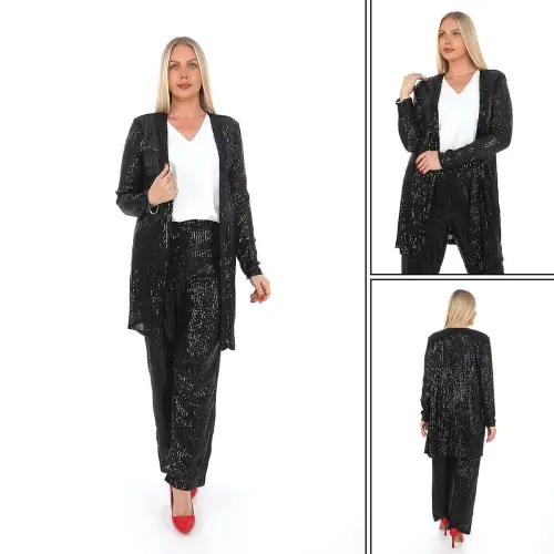 Комплект из брюк, пиджака и блузки больших размеров с пайетками черного цвета GLS534 - 5