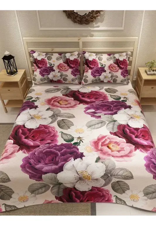 Комплект Пике Хлопковый Двуспальный Жаккардовый Тканый Покрывало Flower Dream-Pudra - 1