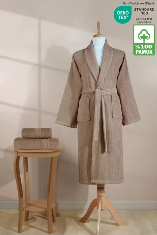 Комплект полосатого халата 100% хлопок Сертифицированный халат с шалевым воротником из 3 частей и набор полотенец для головы Коричневый-Коричневый - 2