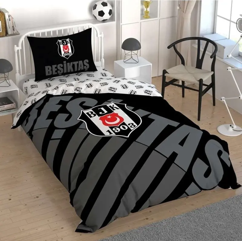 Taç Lisanslı Beşiktaş Siyah Logo Tek Kişilik Nevresim Takımı - NEVRESIMDUNYASI