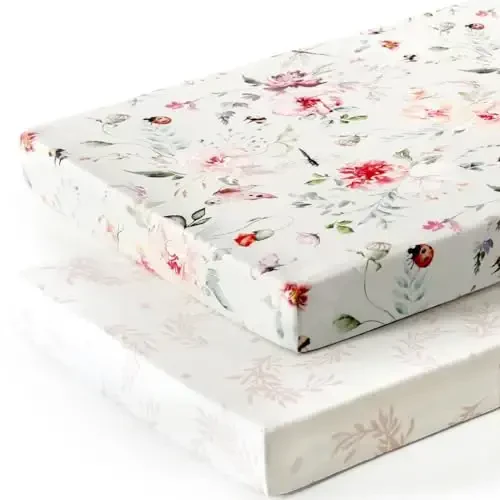 Fitted Pack n Play Sheets Set 2 Pack, Stretchy Ultra Soft Jersey Knit Portable/Mini Crib Sheets for Girls, Universal Fit for Pack N Plays Safe and Snug, Beautiful Flowers and Insects Pattern for Baby - FITTED (1)