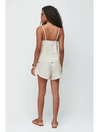Комплект шорт и майки с льняными кружевными деталями 9146 бежевый-бежевый - 5