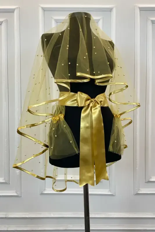 Комплект свадебной фаты с золотой окантовкой и крупным жемчугом, покрытие для хны-BİYELİİNCİLİGOLD - 2