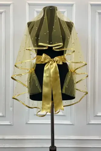 Комплект свадебной фаты с золотой окантовкой и крупным жемчугом, покрытие для хны-BİYELİİNCİLİGOLD - 3