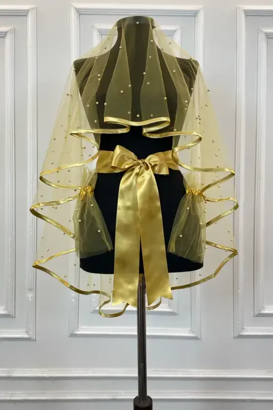 Комплект свадебной фаты с золотой окантовкой и крупным жемчугом, покрытие для хны-BİYELİİNCİLİGOLD - 3