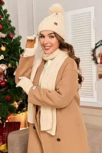 Комплект Uerymit женский зимний: шапка-бини, шарф, перчатки. Теплая вязаная шапка с помпоном. Длинный шарф-грелка для шеи. Сенсорные перчатки. - 5