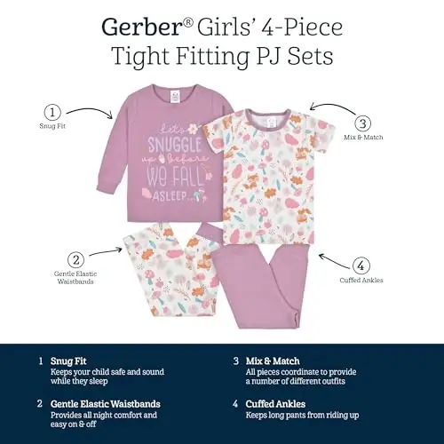 Комплект хлопковых пижам Gerber для девочек, 4 предмета - 5